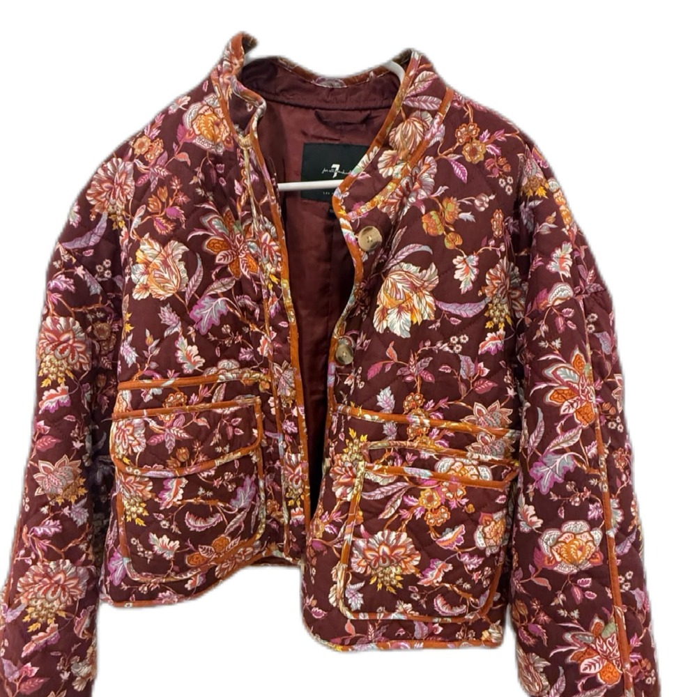 Seven For All Mankind Womens Dark Floral Cropped Quilted Jacket Size L Romantic